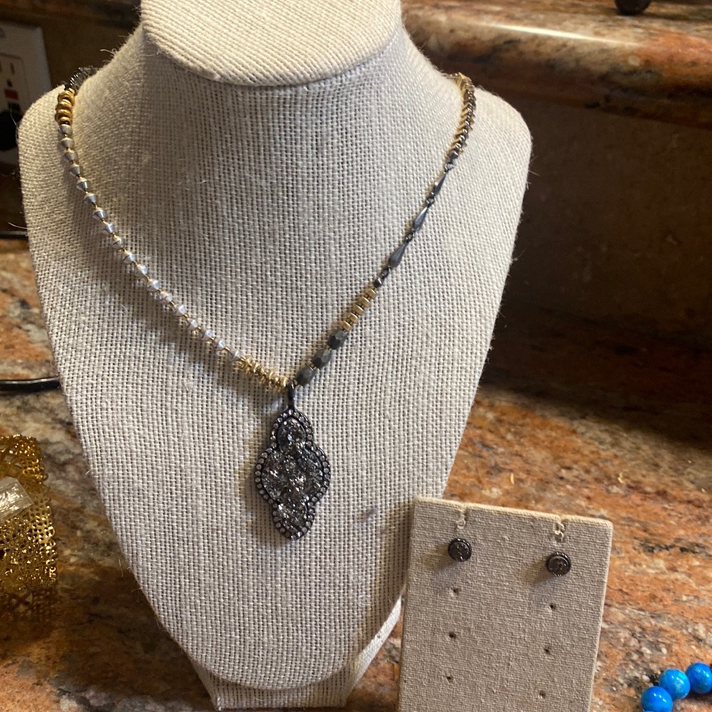 Stella & Dot Hematite Mixed Metals Druzy Pendant Long Necklace and earrings